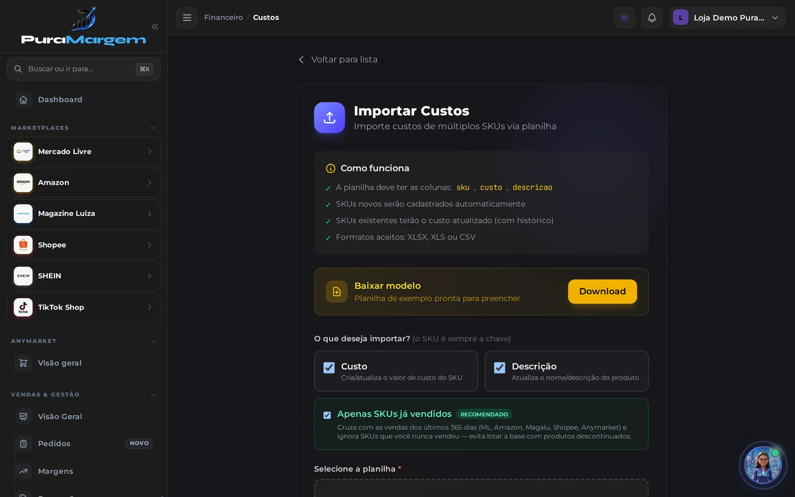 Tela Importar Custos, com a área de seleção de arquivo e a explicação das colunas
