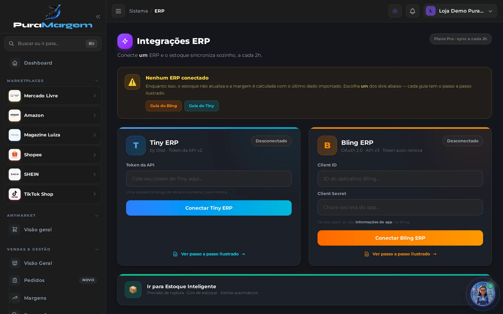 Tela de Integrações ERP com os cartões do Tiny e do Bling, ambos desconectados