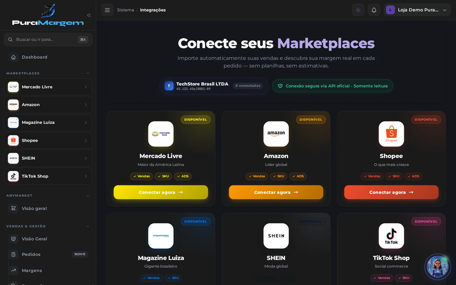 Tela Conecte seus Marketplaces com o cartão do Mercado Livre e o botão Conectar agora