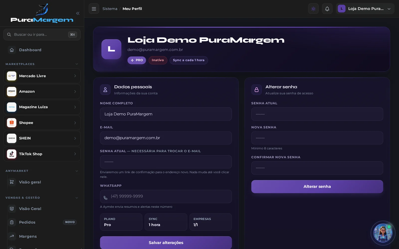 Tela Meu Perfil do PuraMargem, com os blocos Dados pessoais e Alterar senha