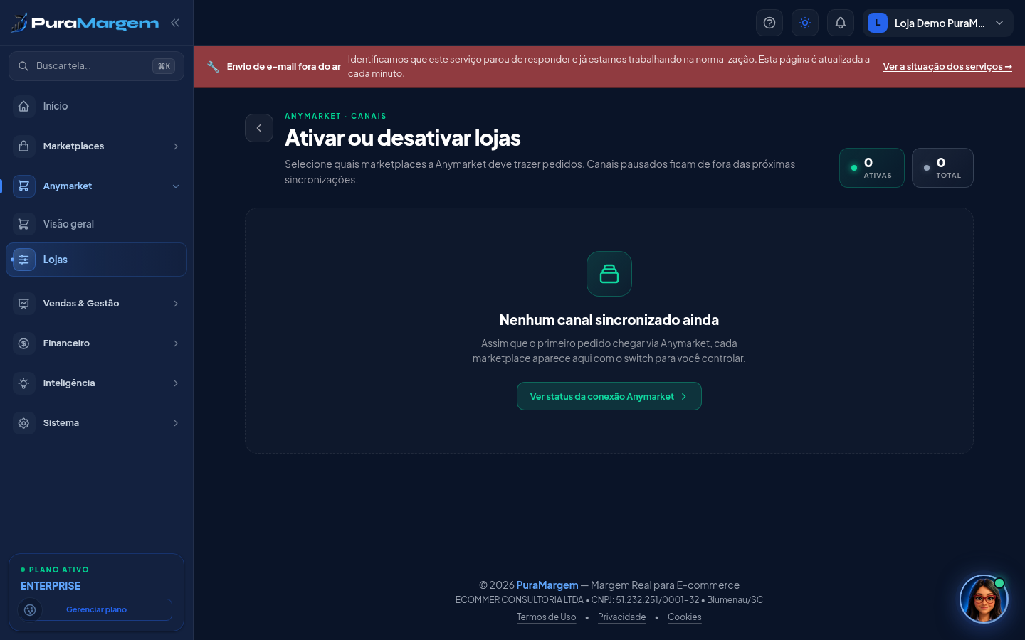 Anymarket → Lojas: um switch por canal