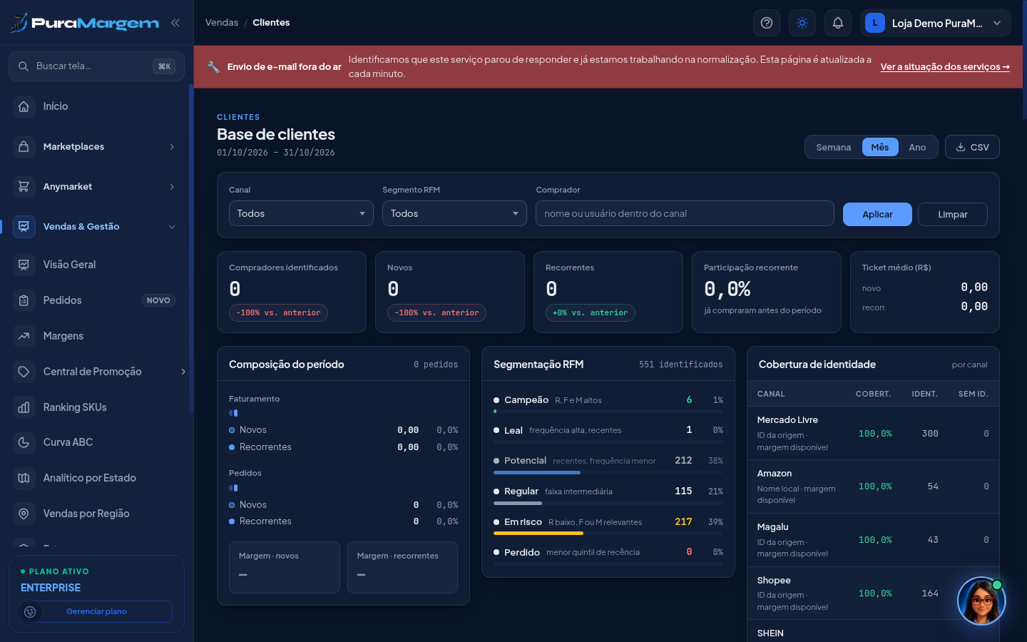 Base de clientes (nomes e valores borrados)
