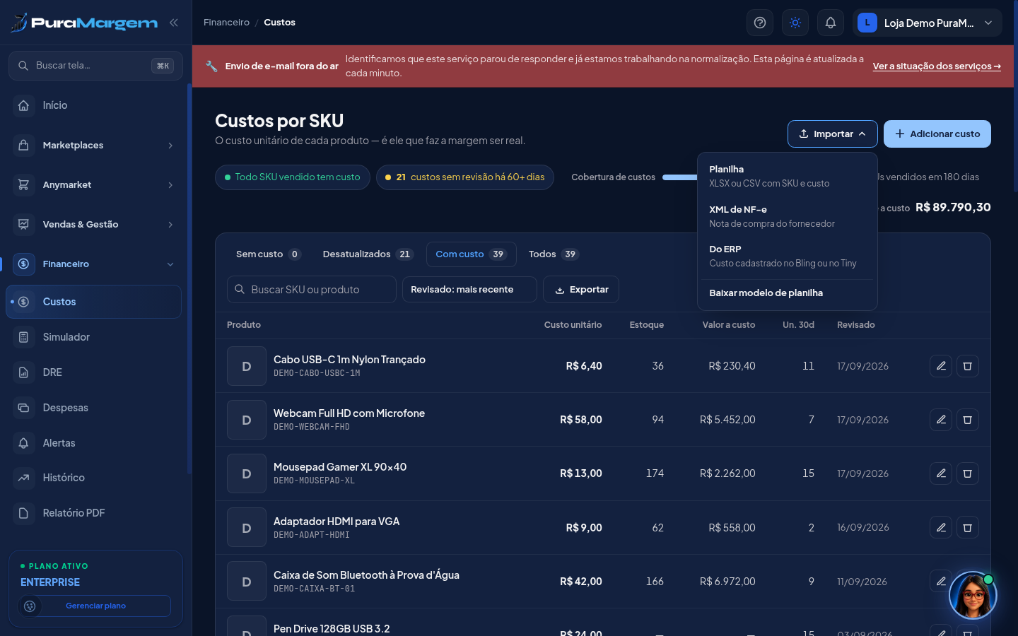 Menu Importar na tela de Custos