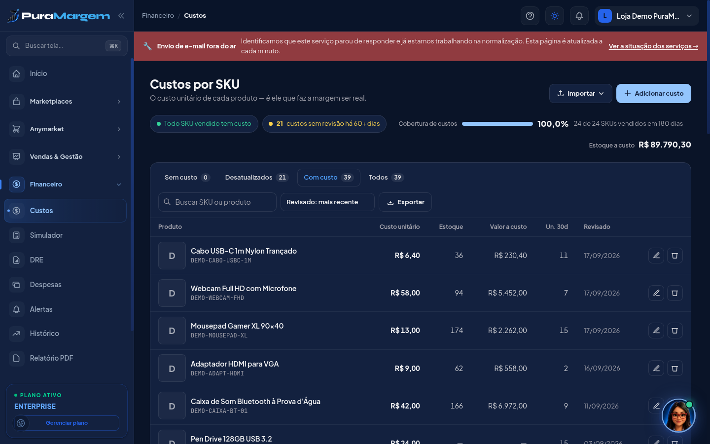 Financeiro → Custos por SKU