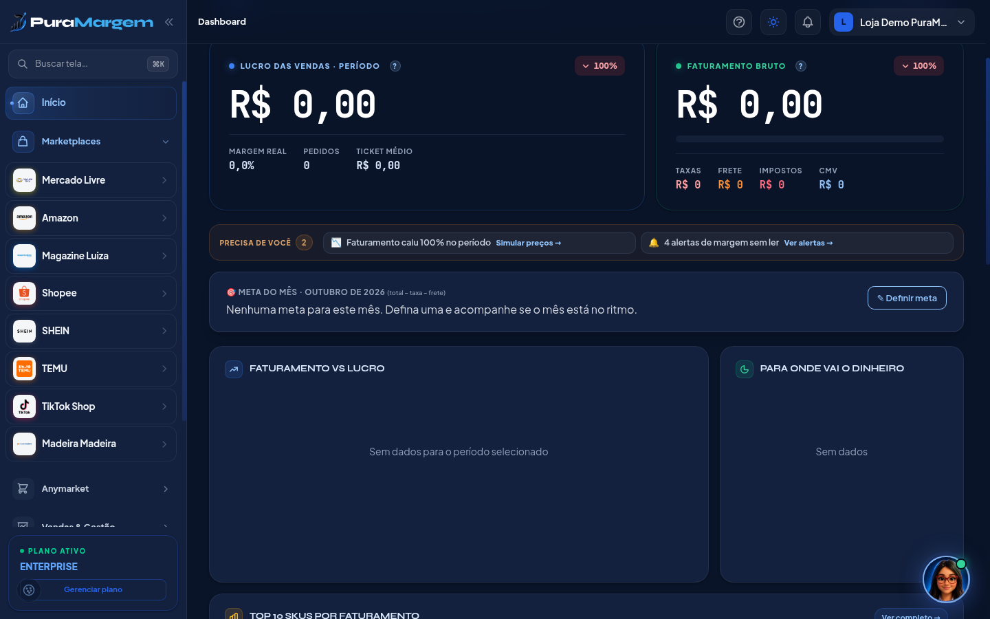 Dashboard do PuraMargem, com valores borrados