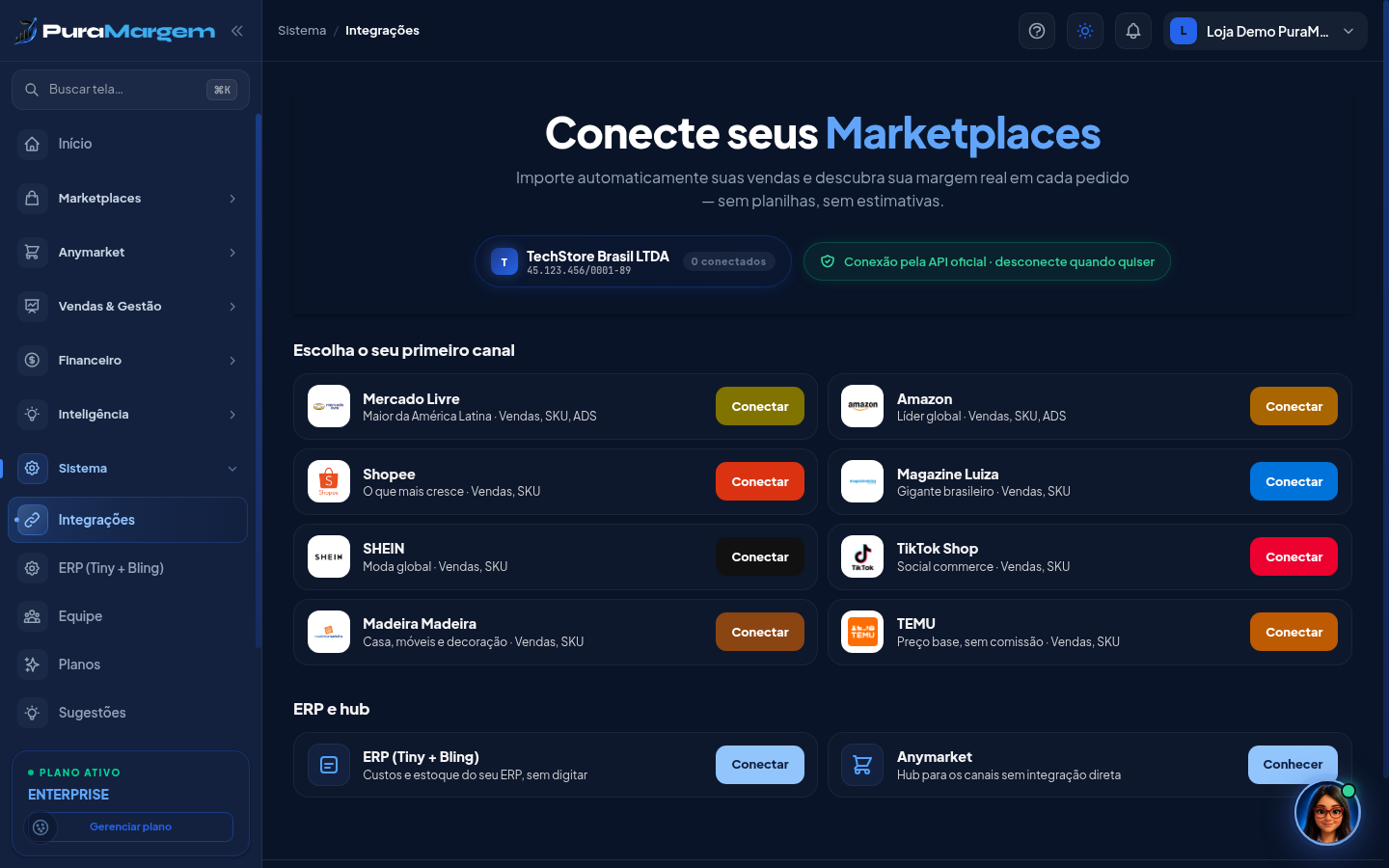 Sistema → Integrações: um cartão por marketplace