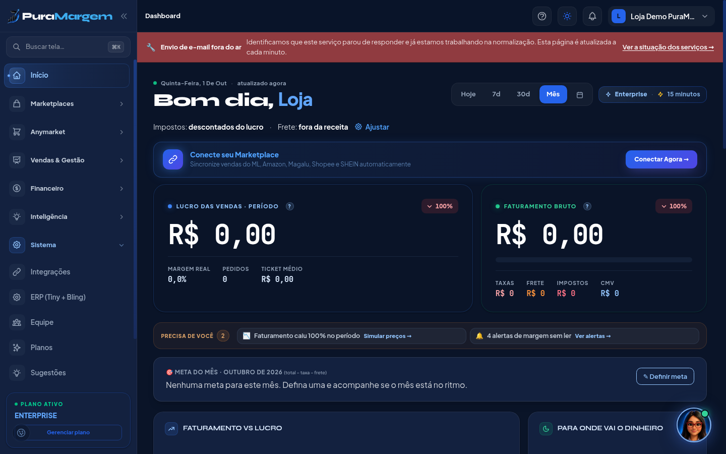 Menu lateral com as áreas abertas