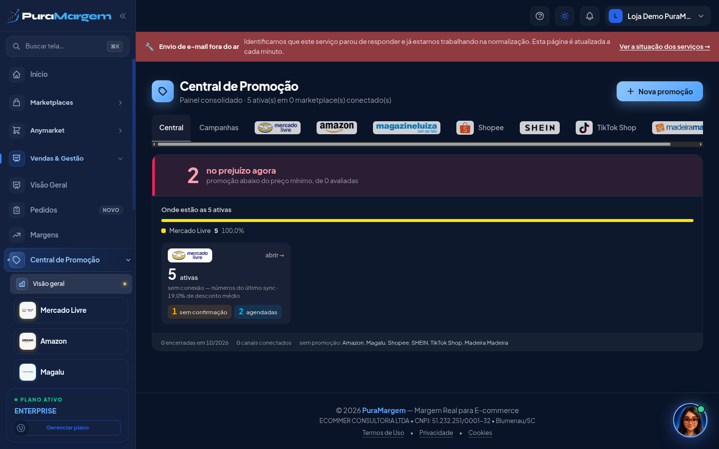 Central de Promoção: resumo por canal