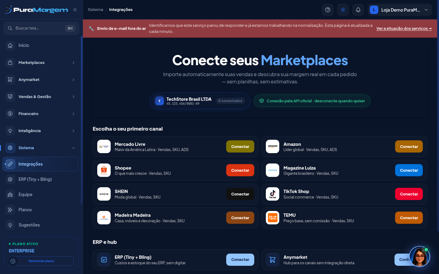 Seletor de empresa acima dos cartões de Integrações