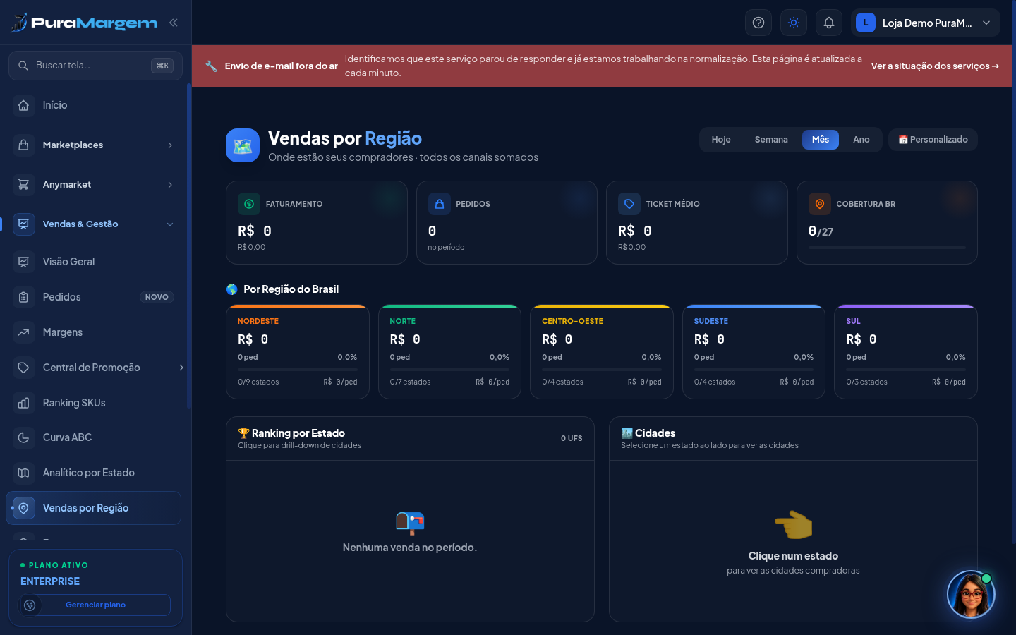 Vendas por Região com a cidade líder